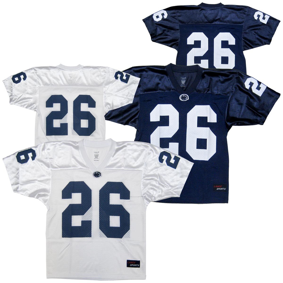 youth white and navy Penn State football jerseys #26 fronts and backs